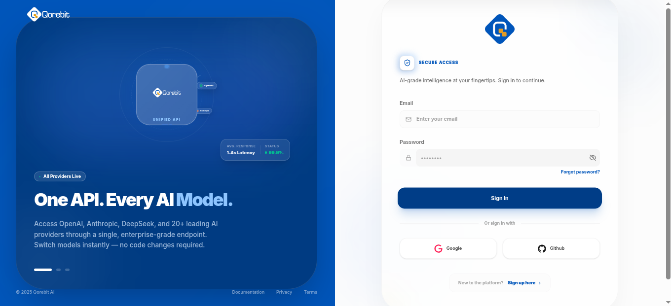 Qorebit AI provider platform hero showing one API for multiple AI models