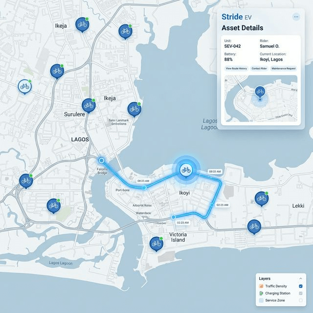 Stride EV fleet operations map showing live electric bikes and asset details